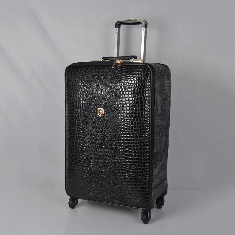 Equipaje rodante de cuero con patrón de cocodrilo, maleta con ruedas de embarque de 16/20/24 pulgadas, equipaje de viaje de cuero real para hombres y mujeres