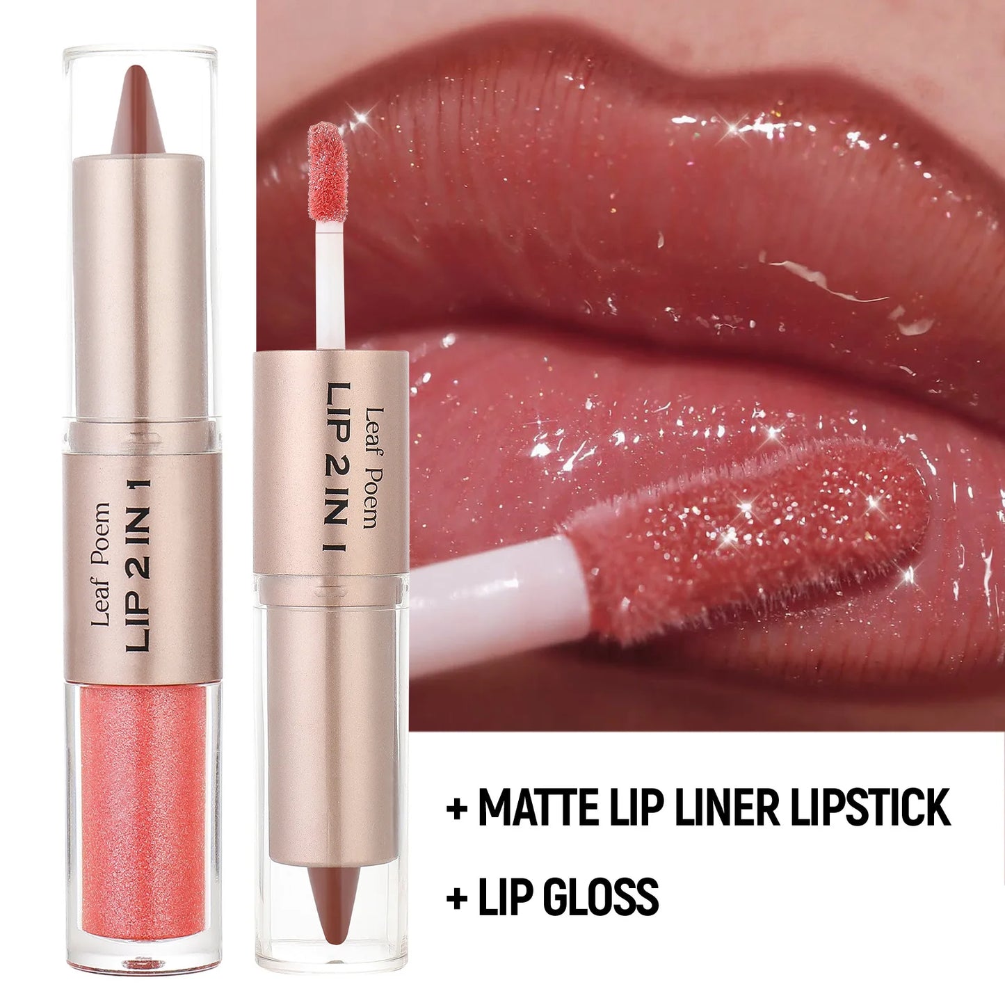 Lápiz Delineador de labios mate 2 en 1 de doble cabeza, resistente al agua, antiadherente, brillo de espejo, tinte de labios, brillo de labios marrón, maquillaje de lápiz labial