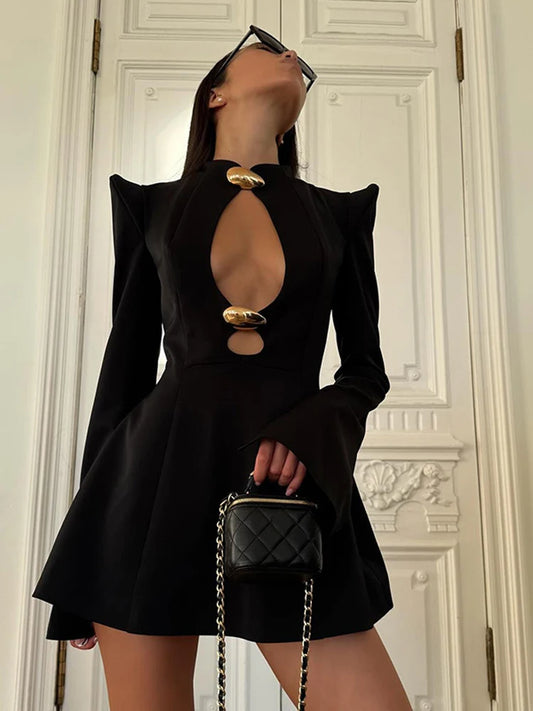 Minivestido negro ahuecado para mujer, vestido Sexy de corte en A con cuello redondo y manga larga, vestidos cortos ceñidos en la cintura, bata elegante para fiesta y discoteca 2025