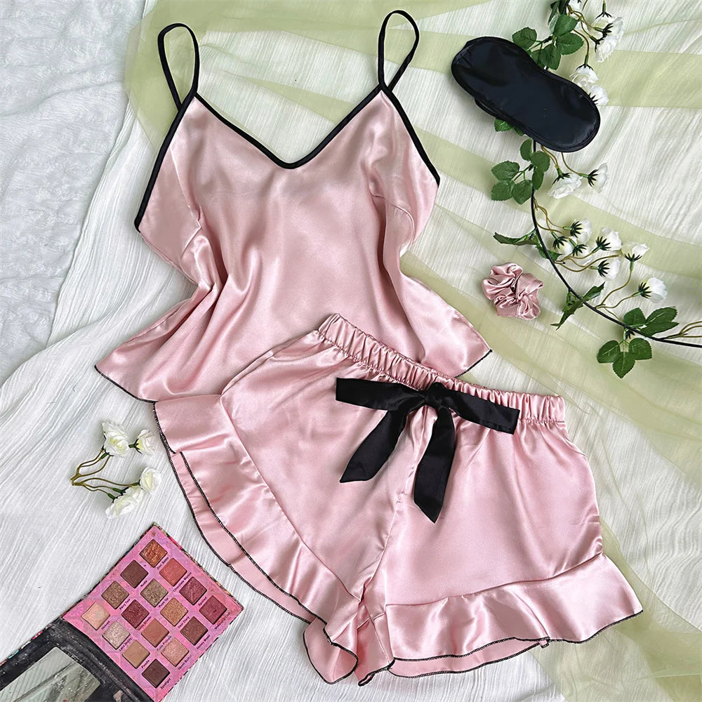 Pijamas de satén liso para mujer, camiseta con cuello en V, bordes con volantes y pantalones cortos con lazo, conjunto de pijama sencillo y transpirable, ropa para el hogar con tirantes