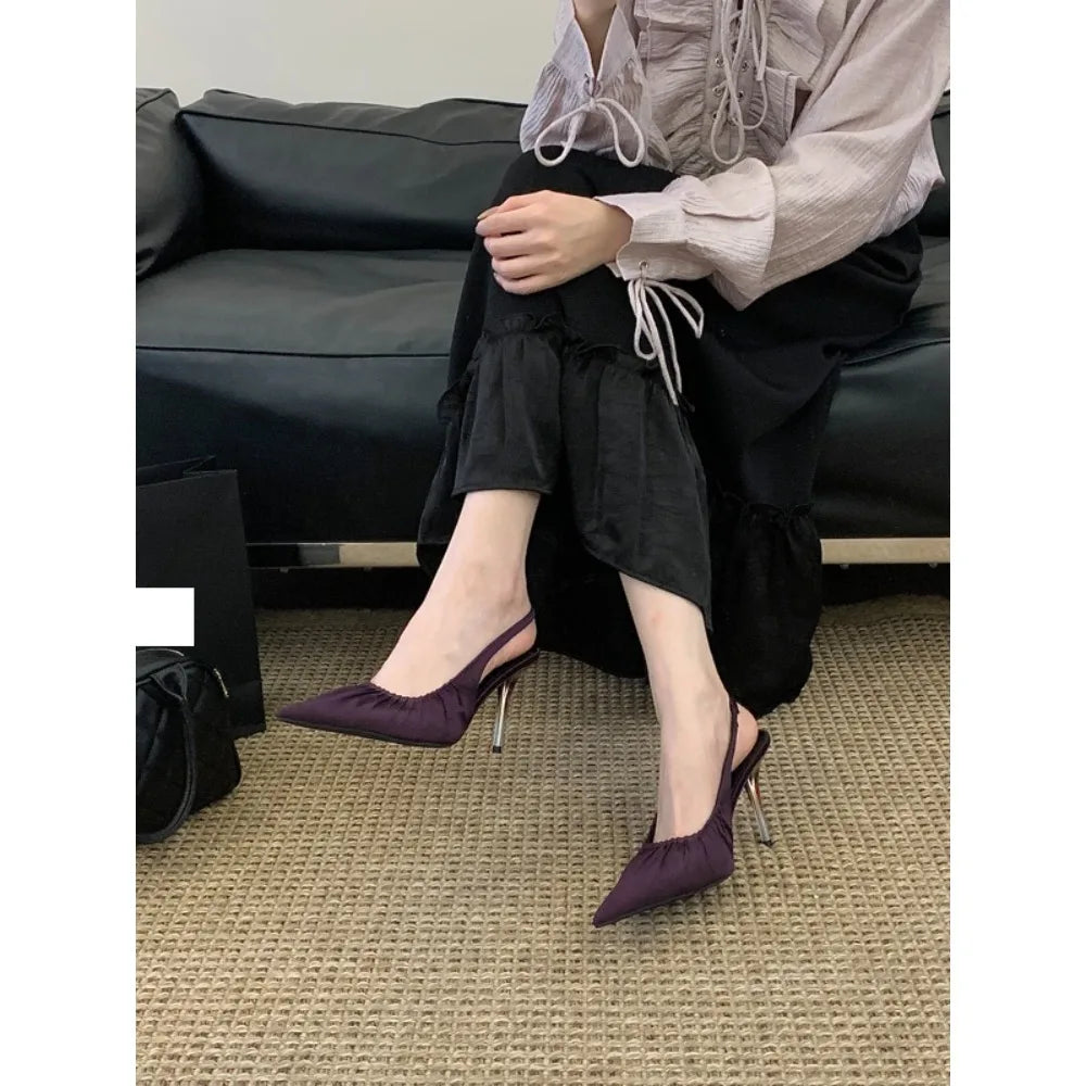 Aneikeh, moda de verano, diseño elegante, satén plisado, puntiagudos, zapatos de tacón con talón descubierto, sandalias sexis para mujer, tacones altos finos, zapatos de banquete
