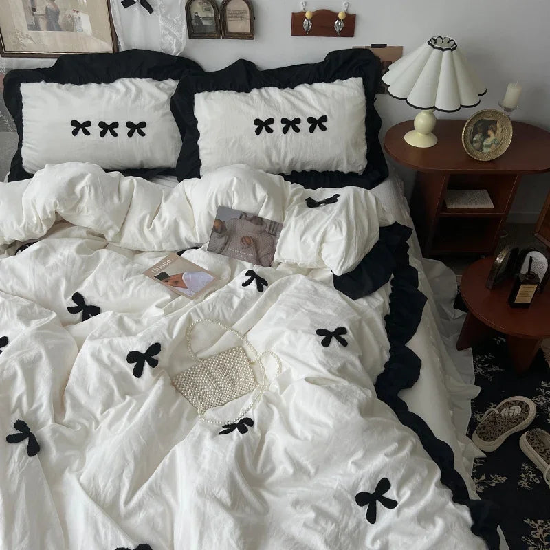 Juego de cama de algodón con lazo negro, funda nórdica suave y agradable para la piel estilo princesa para niña, sábana o funda de almohada para falda de cama