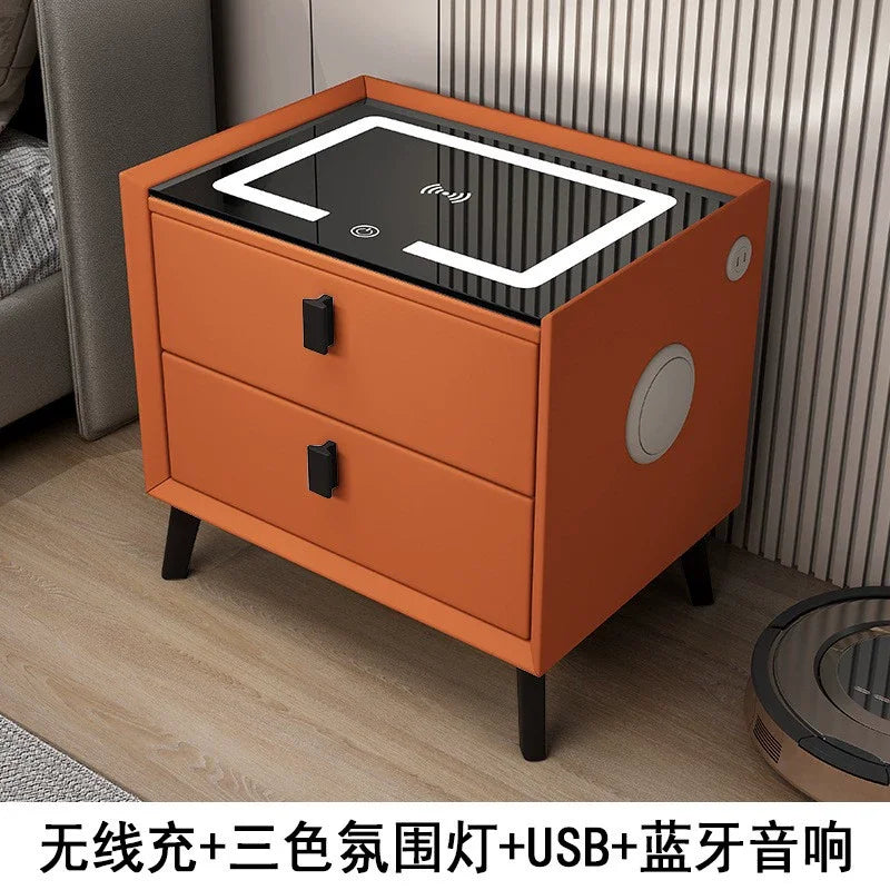 Mesita de noche de madera inteligente con altavoz cargador inalámbrico, mesita de noche minimalista moderna de dos cajones, muebles multifuncionales para el hogar