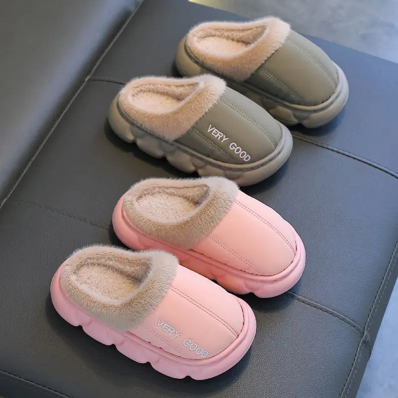 Zapatillas antideslizantes impermeables para niños, zapatos de casa de felpa cálidos para invierno para niños y niñas, uso doméstico en interiores y exteriores