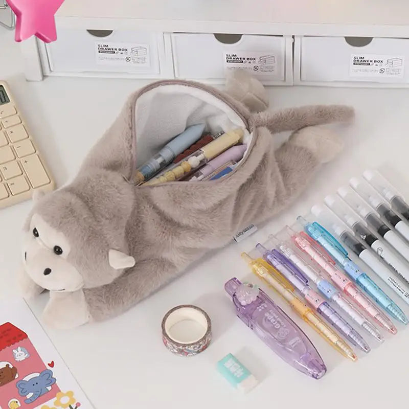 Nuevo Estuche de Lápices de Peluche con Diseño de Gorila de Dibujos Animados, Divertido Estuche de Lápices con Forma de Animal para Estudiantes, Bolsa de Almacenamiento de Papelería de Gran Capacidad, Regalos