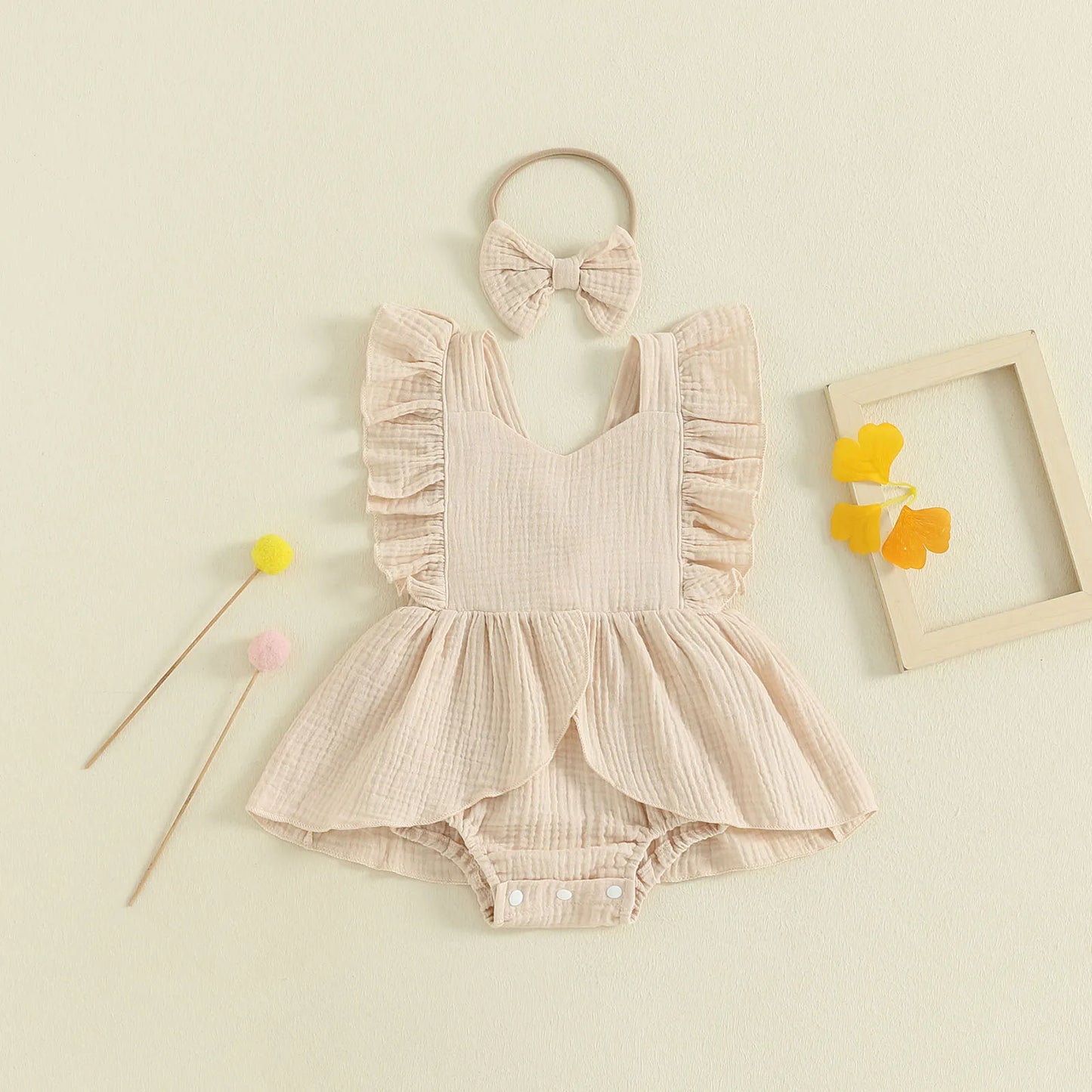 FOCUSNORM 0-18M encantador vestido mameluco para niñas cuello cuadrado manga voladora monos de Color sólido con conjunto de diadema con lazo