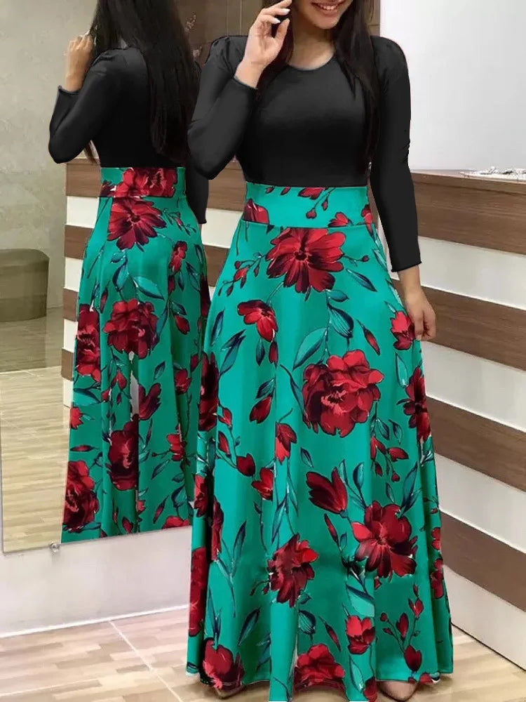 Vestido de manga corta a juego con estampado de flores de estilo europeo y americano para mujer, falda con vuelo grande, 2024