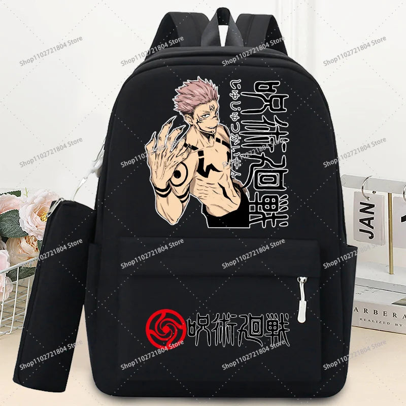 Mochilas Jujutsu Kaisen de 2 piezas con estuche para lápices para estudiantes, mochila escolar con estampado de dibujos animados, mochila de moda para guardar libros y artículos de papelería