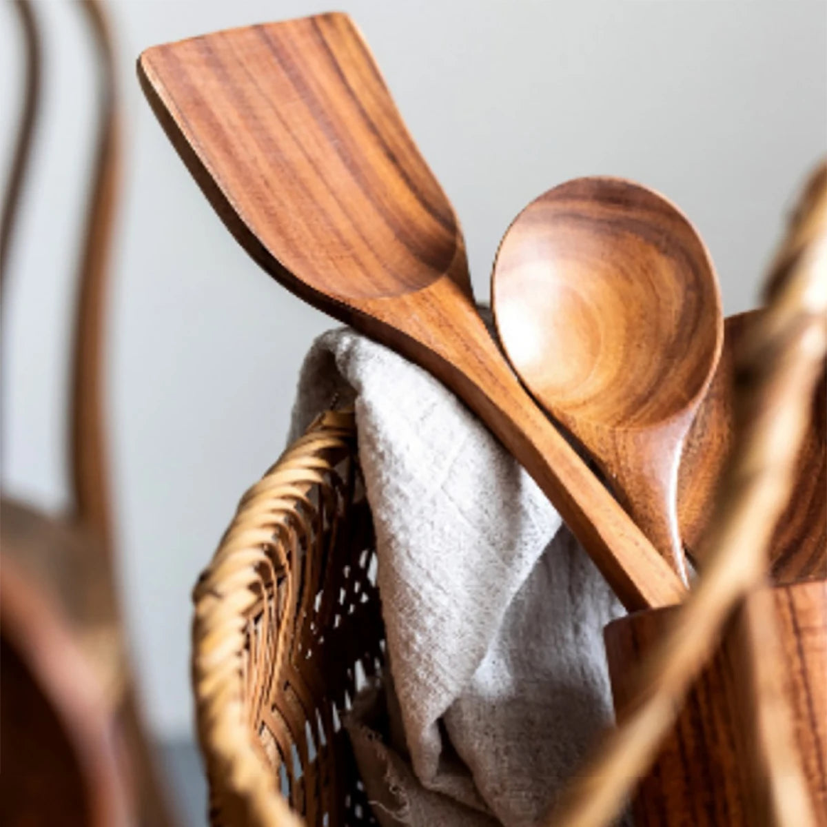 Utensilios de cocina de madera, juego de cuchara y espátula para el hogar, cuchara para ensalada, tenedor, cuchara agitadora, juego de cocina para hornear con cubo de almacenamiento