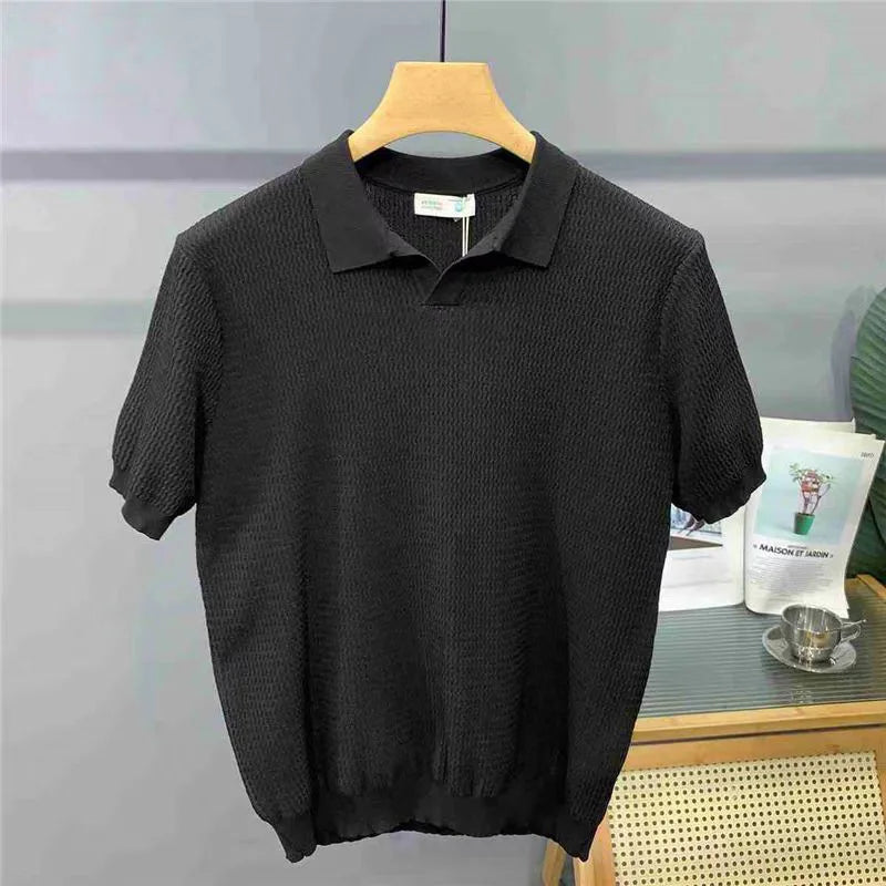Polo de Manga Corta con Cuello en V, Corte Ajustado, de Seda Helada, para Hombre, Tejido, Estilo Veraniego, Transpirable, Lavable a Máquina, Camiseta Casual