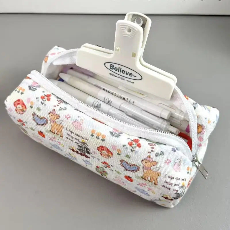 Bolsa de lona con cremallera para lápices, diseño de animales y flores, para la escuela, oficina y uso diario, suministros de papelería para estudiantes