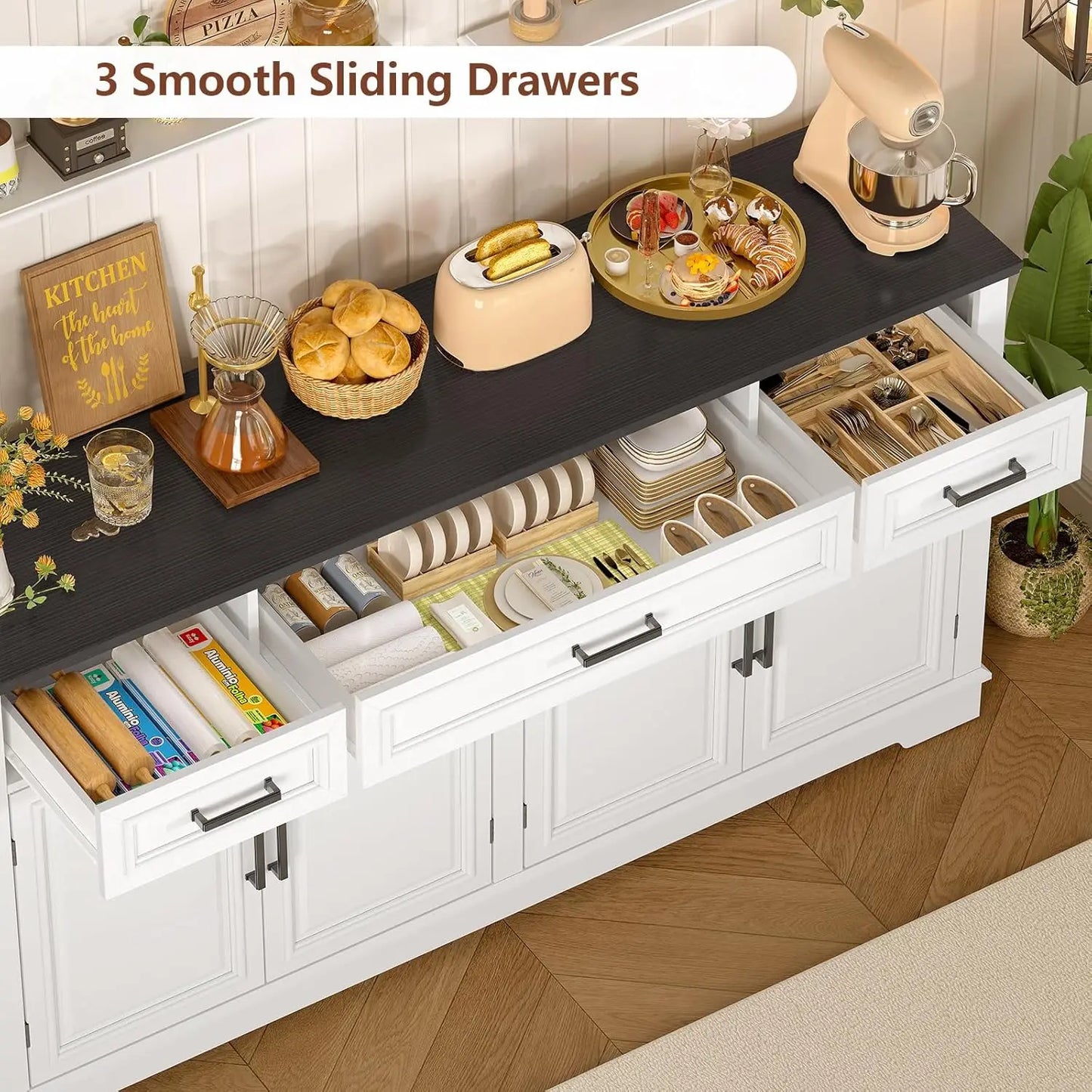 59" Large Buffet Cabinet with 4 Doors 3 Drawers Adjustable Shelves Coffee Wine Bar Storage Living Room, Customized