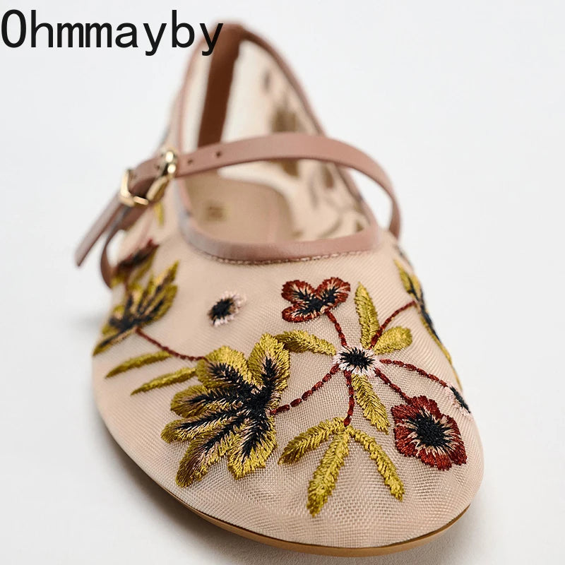 2026 zapatos Mary Jane bordados de primavera para mujer, zapatos de suela blanda transpirables para exteriores, zapatos planos de Ballet cómodos sin cordones para mujer