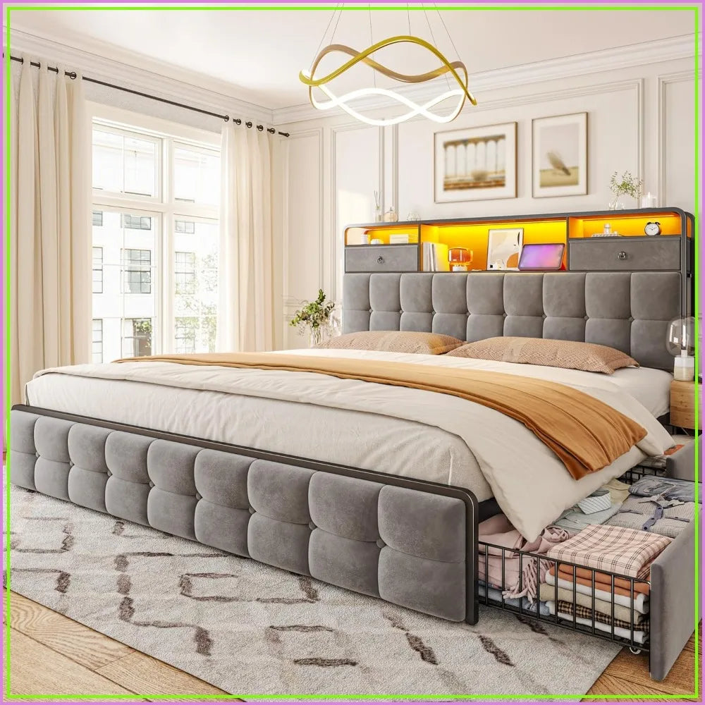 Base de Cama King con 6 Cajones, Luces LED, Cabecera de Terciopelo, Estación de Carga, Sin Somier, Silenciosa, Fácil Montaje, Gris