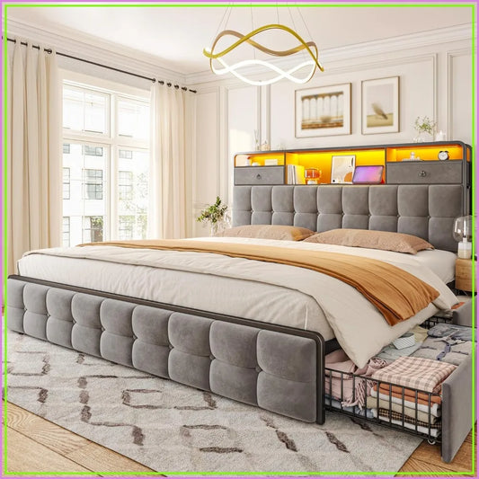 Base de Cama King con 6 Cajones, Luces LED, Cabecera de Terciopelo, Estación de Carga, Sin Somier, Silenciosa, Fácil Montaje, Gris