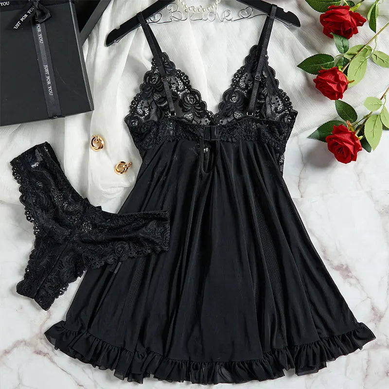Traje con tirantes, camisón ultrafino de verano, conjuntos de Tanga de encaje, pijamas sexis para mujer, lencería, vestido de noche caliente, ropa de dormir cómoda