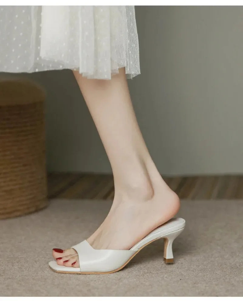 Pantuflas de Tacón Alto para Mujer, Pantuflas de Cuero Vacuno de Lujo, Pantuflas de Moda con Punta Cuadrada, Pantuflas de Tacón Alto con Punta Abierta para Verano