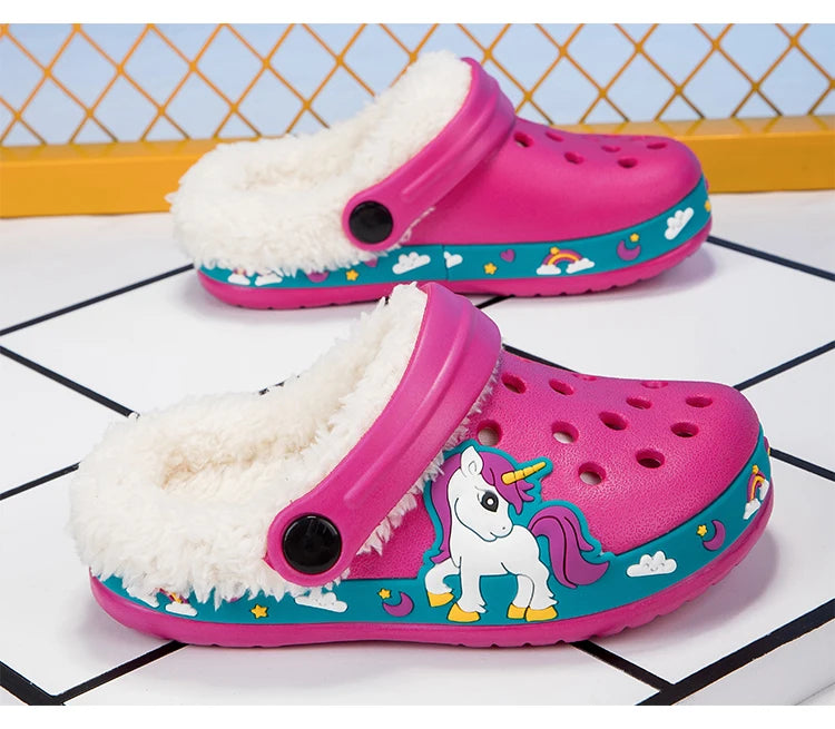 Sandalias de invierno para niños, zapatillas de piel para niños, zapatos para niñas, zuecos antideslizantes, sandalias bonitas de dibujos animados para niñas, zapatos para niños