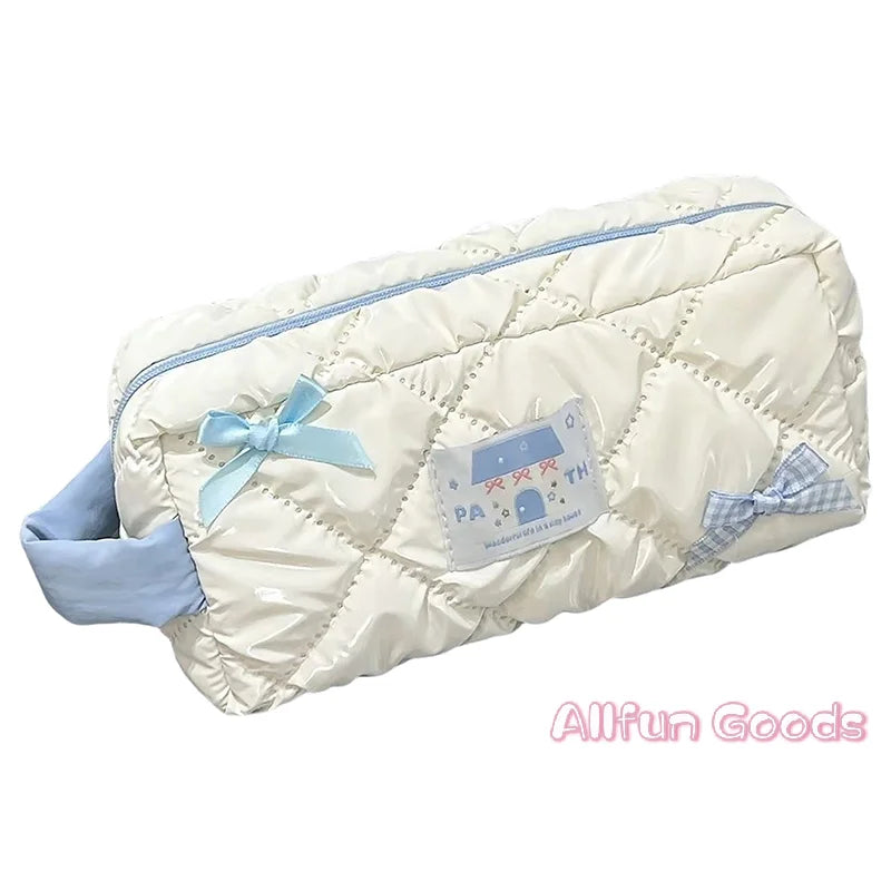 Bolsa de lápices con lazo azul y blanco, bolsa de papelería de gran capacidad, bolsa de almacenamiento de viaje, bolsas de cosméticos para mujer, estuche de lápices con diseño bonito para niñas