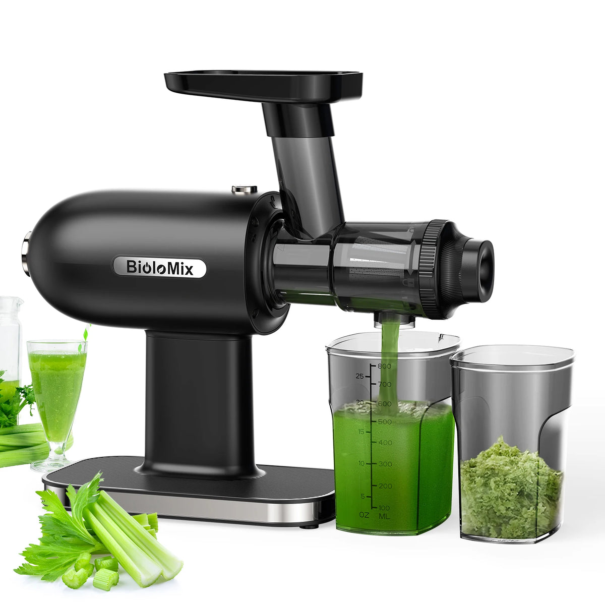 Exprimidor de prensa en frío BioloMix, máquinas exprimidoras de masticación lenta con función inversa, alto rendimiento de jugo, cepillo fácil de limpiar y silencioso