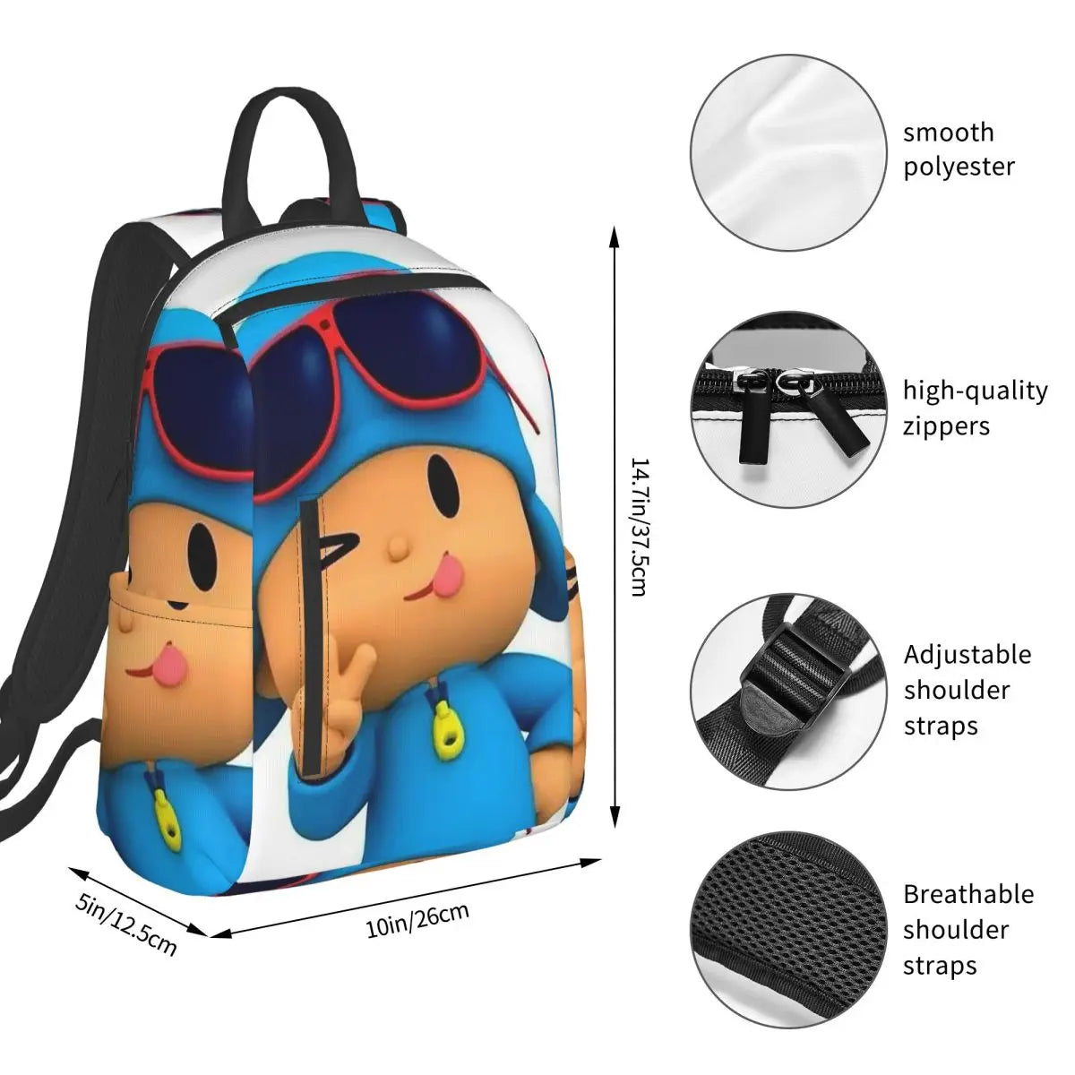 Mochila azul de dibujos animados de Pocoyo para niños, mochila de gran capacidad para niños, mochila escolar, bolsos de hombro para hombres y mujeres