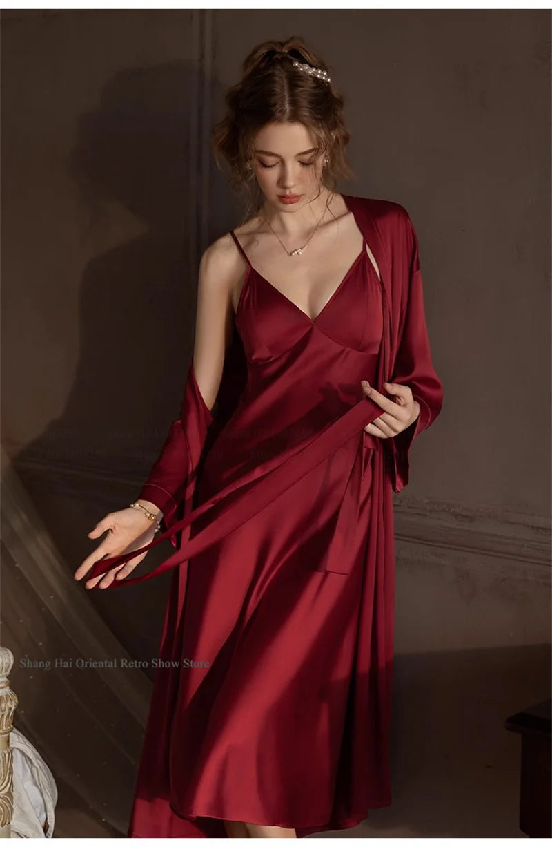 Elegante Conjunto de Bata Larga para Mujer, Lencería Sexy, Ropa de Dormir, Kimono Holgado, Bata de Baño, Vestido de Casa de Satén Sedoso, Ropa de Estar