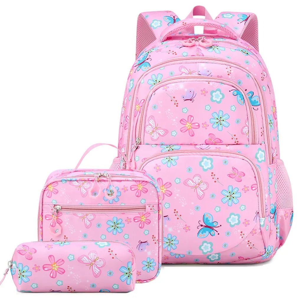 Juego de 3 Piezas de Mochila Escolar para Niños con Estampado de Mariposas y Flores, Resistente al Agua, Ligera, con Lonchera Aislada y Estuche para Lápices