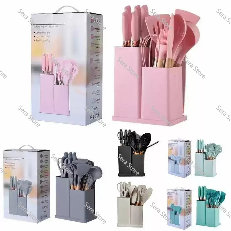 Juego de Utensilios de Cocina de Silicona de 19 Piezas, Sartén Antiadherente, Espátula para Cocinar con Cubo de Almacenamiento, Juego Combinado de Cuchillos