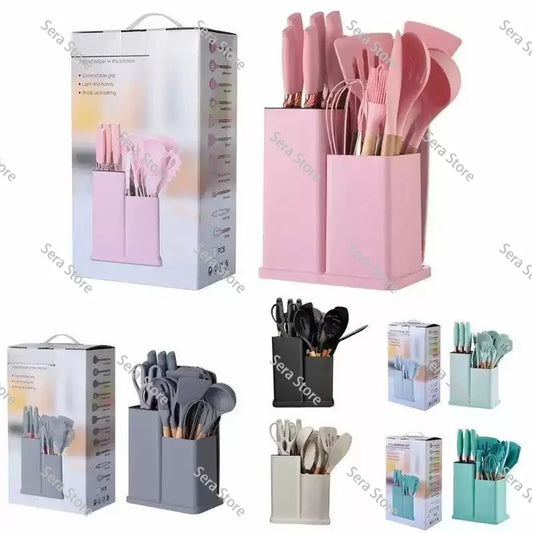 Juego de Utensilios de Cocina de Silicona de 19 Piezas, Sartén Antiadherente, Espátula para Cocinar con Cubo de Almacenamiento, Juego Combinado de Cuchillos