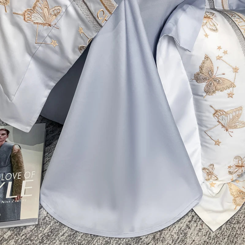 Juego de cama 100% de algodón, edredón bordado de mariposa dorada de lujo/funda nórdica, juegos de sábanas ajustadas, fundas de almohada, textiles para el hogar