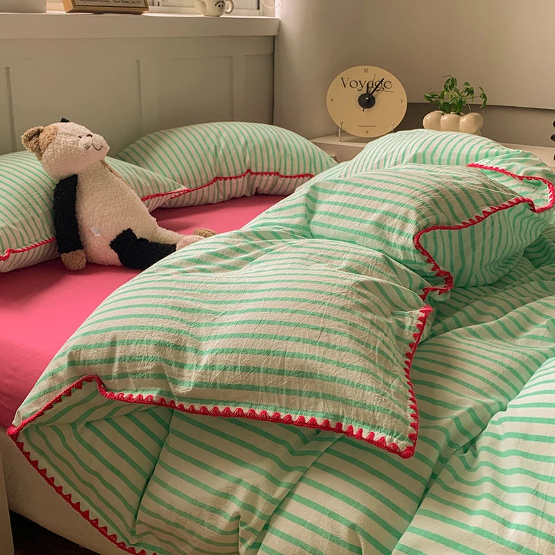 Juego de cama 100% de algodón a rayas, funda nórdica con funda de almohada, funda de edredón, tamaño King