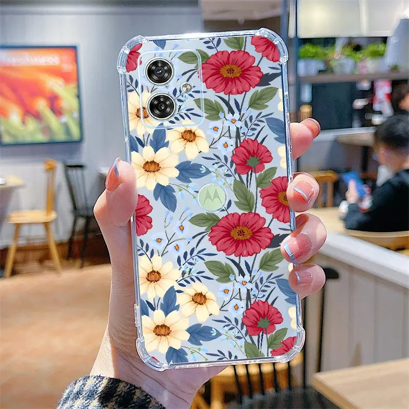 Funda de teléfono transparente G54 flores y hierba para Motorola Moto G54 G53 G52 G72 G82 G13 G73 G32 G84 G14 G42 G24Power G30 G9