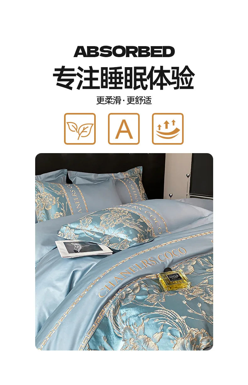 Juego de cama europeo de alta gama, juego de cuatro piezas de algodón de lujo, funda de edredón bordada de algodón, sábanas, sombreros, ropa de cama para personas mayores