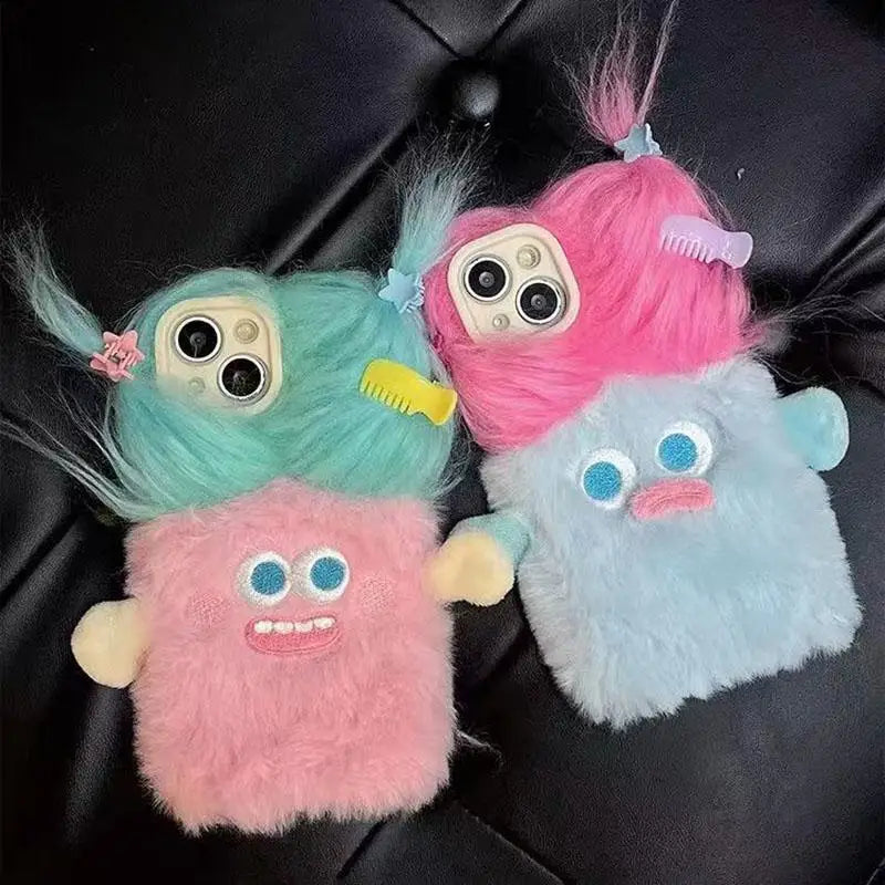 Fundas de teléfono de dibujos animados 3D divertidas de felpa para iPhone 17 Pro Max, funda 17air 16 Plus 15 14 13 12 11, funda protectora suave peluda DIY