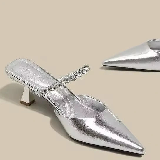 Hot Sale Summer Crystal Pointed Toe Pumps Slip on Thin Heels PU Upper Rubber Sole Elegant Womens Shoes