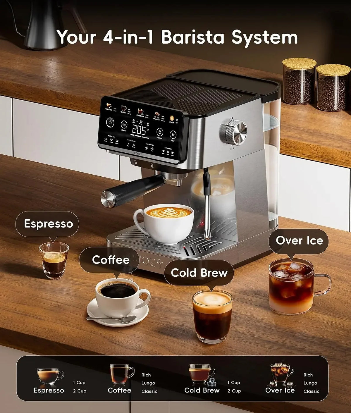 Máquina de café expreso 4 en 1 y cafetera combinada con espumador de leche, en promoción de gran venta |   Cold Brew y Over Ice, Interacti