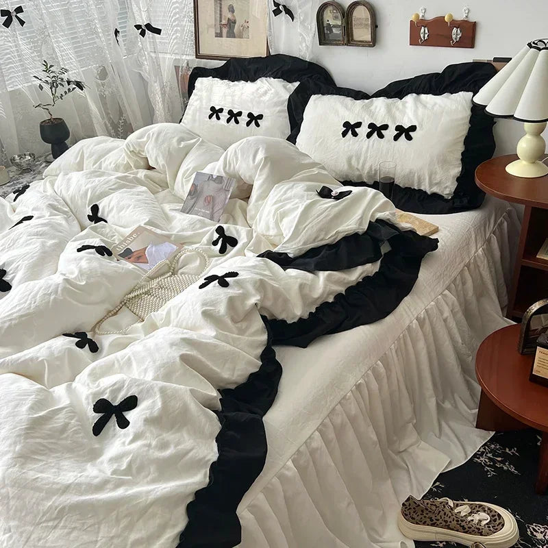 Juego de cama de algodón con lazo negro, funda nórdica suave y agradable para la piel estilo princesa para niña, sábana o funda de almohada para falda de cama