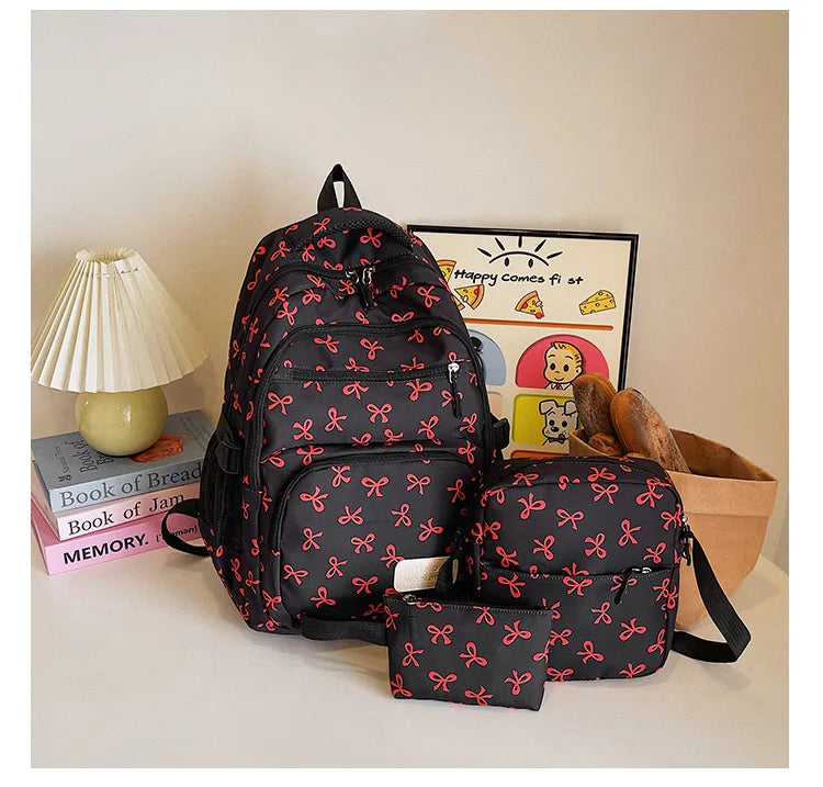 Juego de 3 Bolsas Escolares con Lazo, Mochila de Gran Capacidad, Mochila Casual de Viaje, Mochila Versátil, Bolsa Cruzada, Bolsas para Niñas