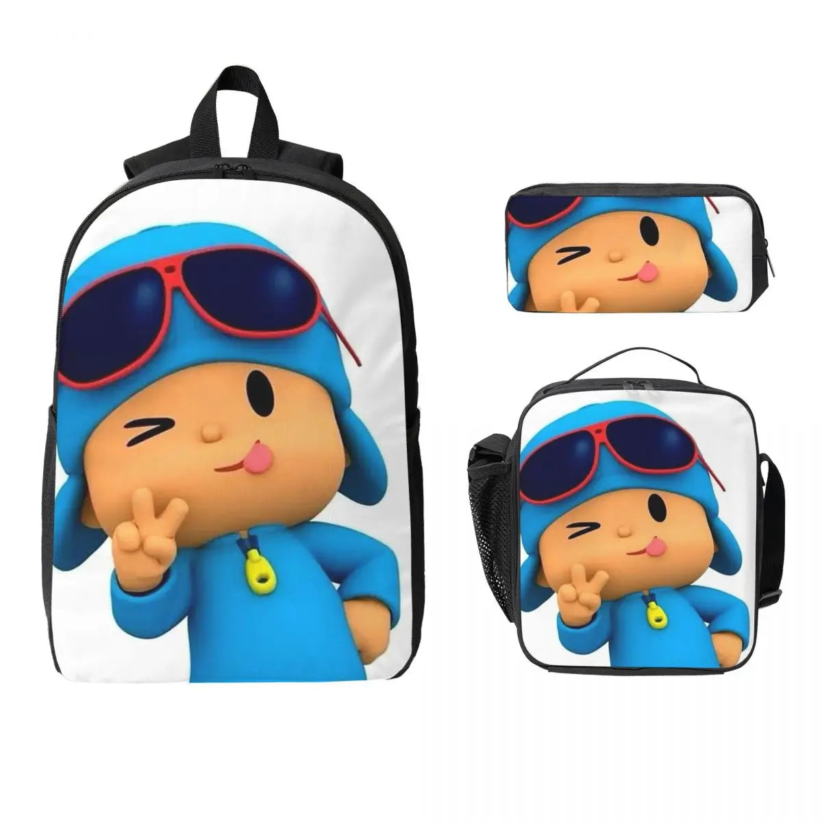 Mochila azul de dibujos animados de Pocoyo para niños, mochila escolar, bolsos de hombro para ordenador, bolsa de almuerzo aislada de 3 piezas, estuche para lápices