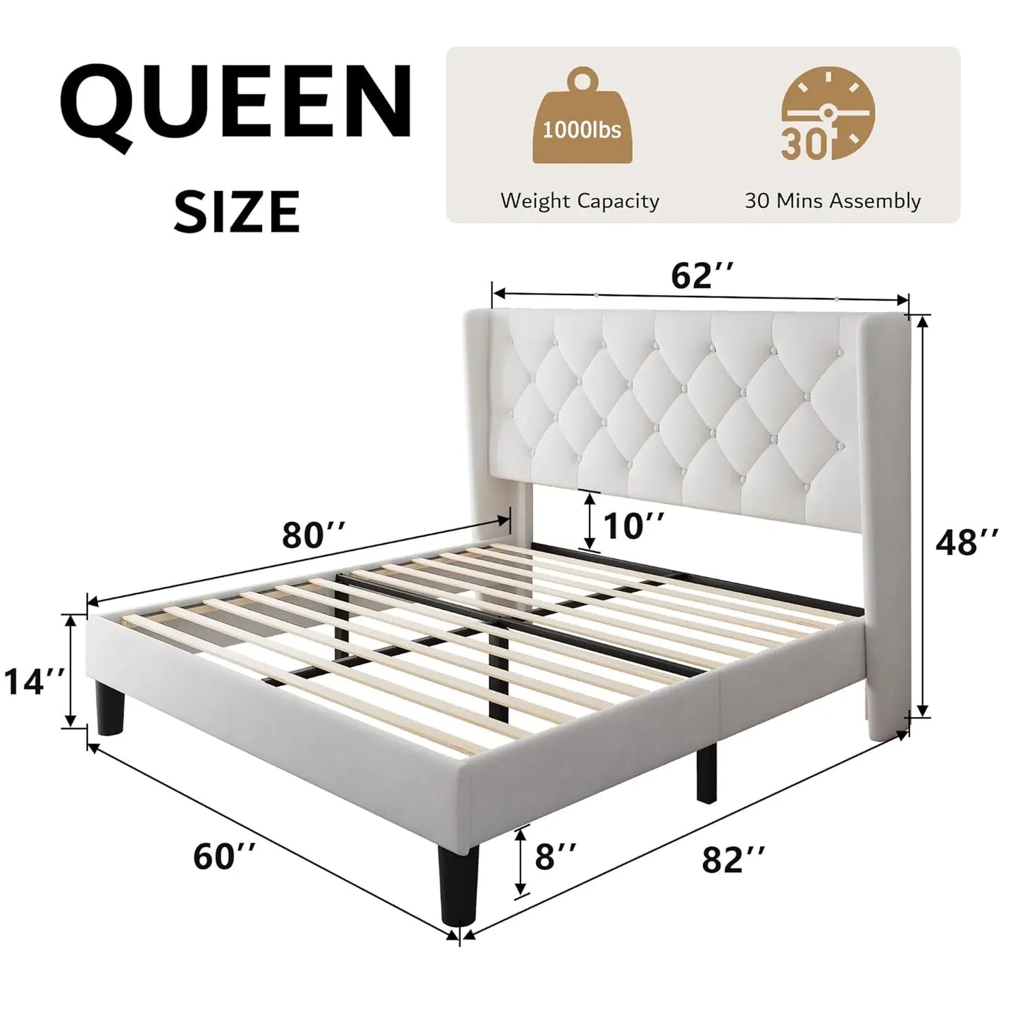 Cama Queen con Plataforma de Terciopelo, Tapizada con Botones, Estructura de Madera, Láminas de Madera, 8 Pulgadas de Espacio de Almacenamiento Debajo de la Cama, Sin Necesidad de Somier, Sin Ruido, Fácil de Montar