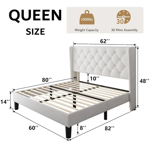 Cama Queen con Plataforma de Terciopelo, Tapizada con Botones, Estructura de Madera, Láminas de Madera, 8 Pulgadas de Espacio de Almacenamiento Debajo de la Cama, Sin Necesidad de Somier, Sin Ruido, Fácil de Montar