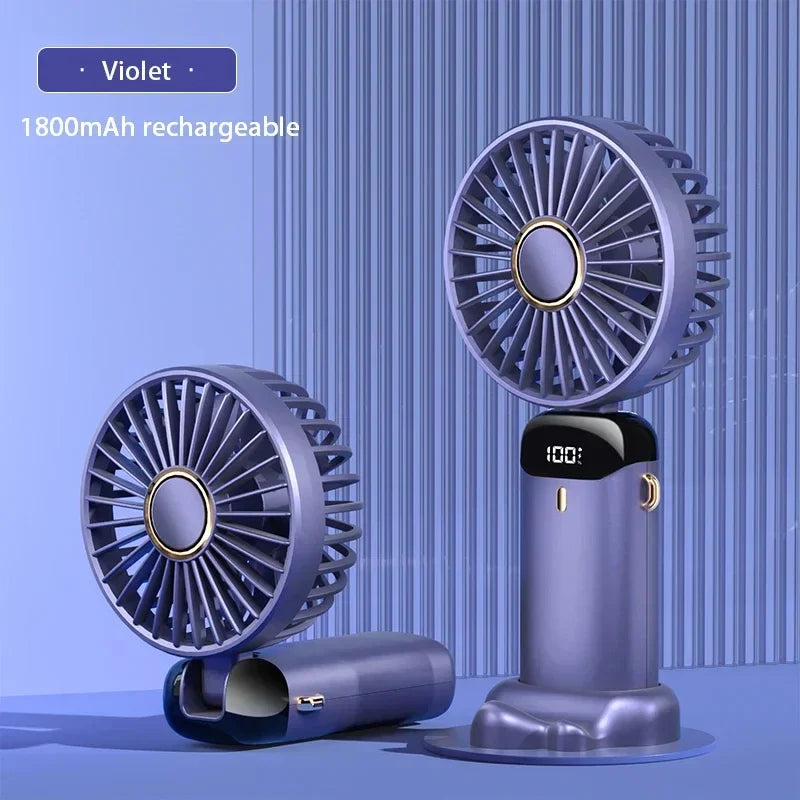 Mini ventilador portátil de mano, ventiladores plegables para colgar en el cuello, ventilador recargable por USB de 5 velocidades con soporte para teléfono y pantalla de visualización de 1800mAh