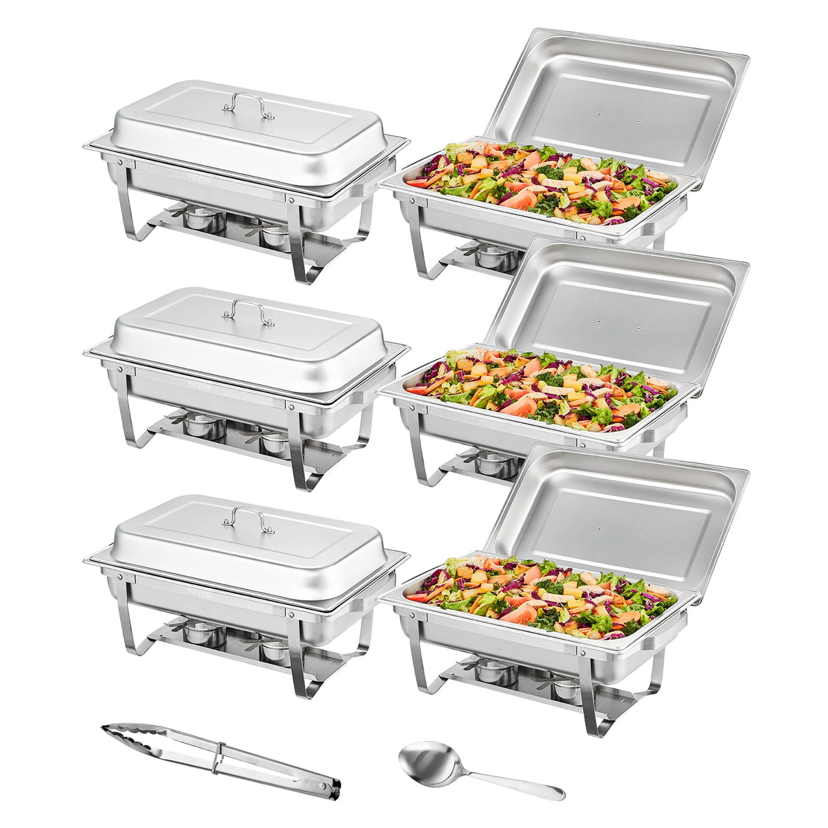 SucceBuy plato de frotamiento rectangular de 8 cuartos, 2/4/6 paquetes con sartenes de tamaño completo, calentador de Catering para Buffet, servidor, soporte plegable, bandeja de soporte de combustible