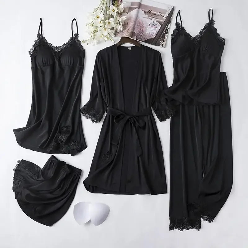 Conjunto de pijama de seda blanca para mujer, bata de boda de 5 piezas, camisón Sexy de encaje, ropa de dormir, Kimono, albornoz, lencería