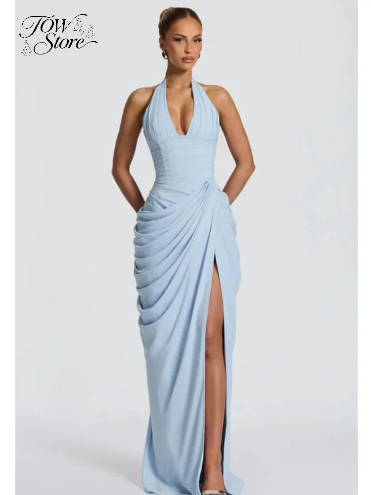 Vestido Maxi Plisado Sólido Sexy con Cuello Halter para Mujer, sin Mangas, sin Espalda, con Cintura Ajustada y Abertura, Vestidos de Fiesta de Verano 2026