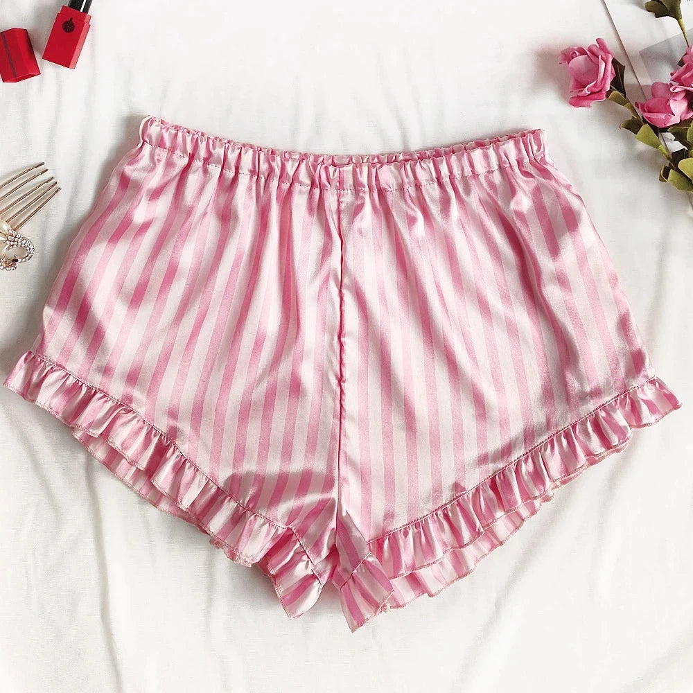Conjunto de Pijamas de seda satinada para mujer, ropa de dormir Sexy, Pijamas sin mangas de verano, ropa de casa de seda sintética, ropa de dormir a rayas rosas, sujetador de lencería