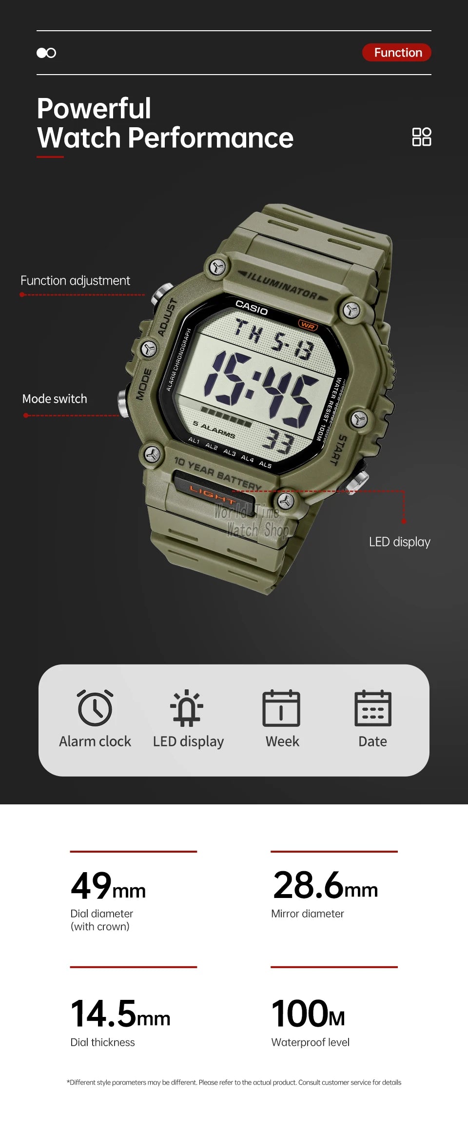 Reloj Casio con batería de 10 años de duración, 100m, resistente al agua, moda deportiva, reloj electrónico multifunción para exteriores, reloj masculino AE-1600