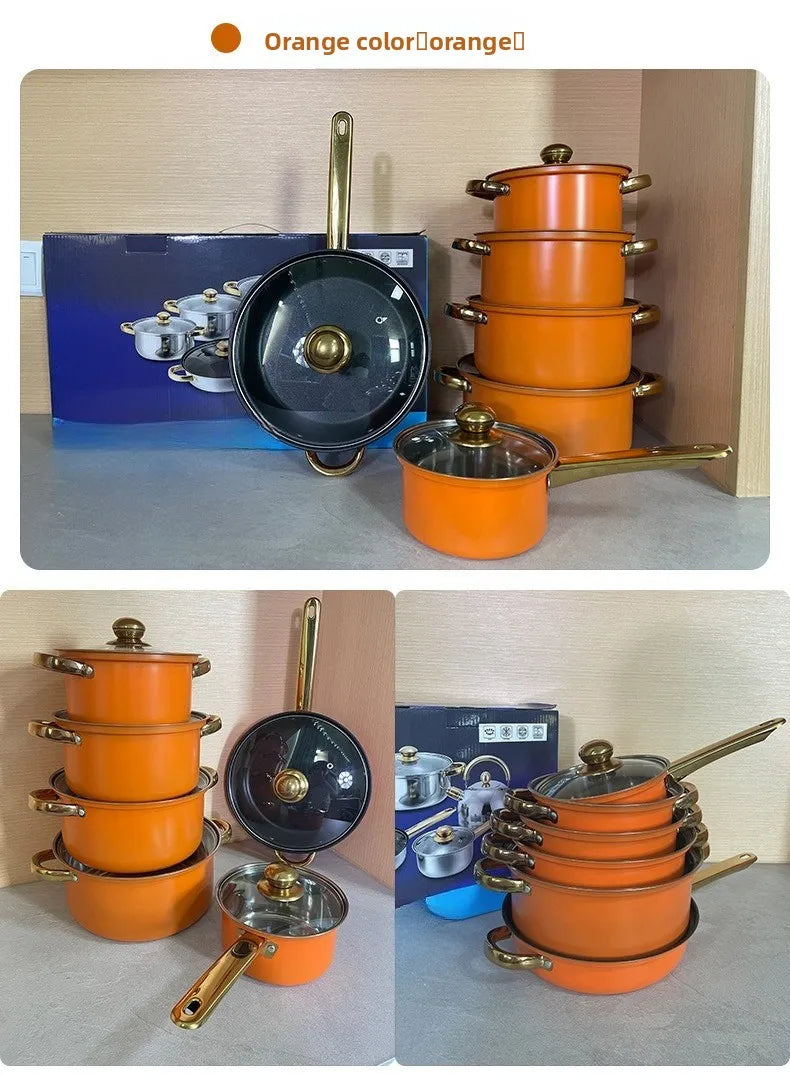 Juego de Ollas de Acero Inoxidable de 12 Piezas, Olla para Sopa, Sartén Antiadherente, Olla para Leche con Asa Dorada