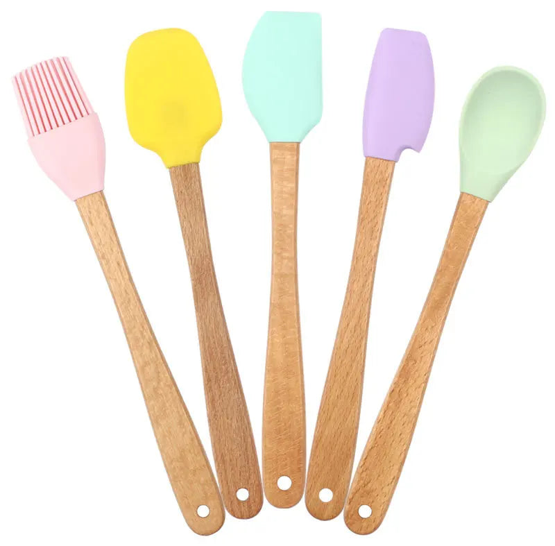 Juego de utensilios de cocina de silicona con mango de madera, 5 uds., raspador, cepillo, cuchara, herramientas para hornear para niños