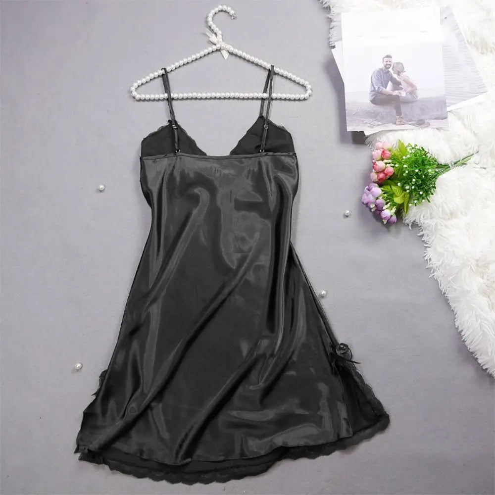 Vestido de pijama con lazo de encaje para mujer, camisón con tirantes de seda helada sin mangas dividido, ropa de dormir, camisón fino con tirantes, chica picante